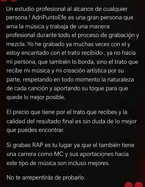 Reseña de Google, 5 estrellas: Un estudio profesional al alcance de cualquier persona. Si grabas rap es tu lugar.