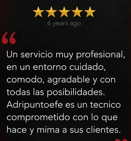 Reseña de Google, 5 estrellas: Un servicio muy profesional, en un entorno cuidado y cómodo. Un técnico comprometido con lo que hace que mima a sus clientes.