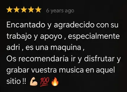 Reseña de Google, 5 estrellas: Encantado y agradecido con su trabajo y apoyo. Os recomendaría ir y grabar vuestra música en aquel sitio.