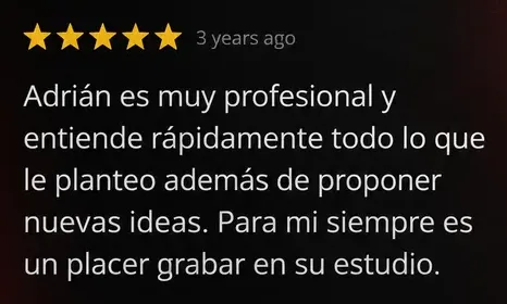Reseña de Google, 5 estrellas: Adrián es muy profesional y entiende rápidamente todo lo que le planteo, además de proponer nuevas ideas.