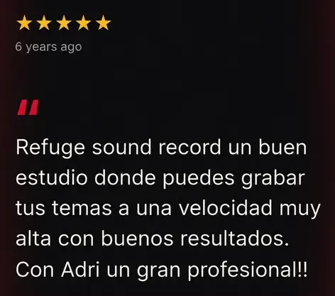 Reseña de Google, 5 estrellas: Un buen estudio donde puedes grabar tus temas a una velocidad muy alta con buenos resultados. Adri, un gran profesional.