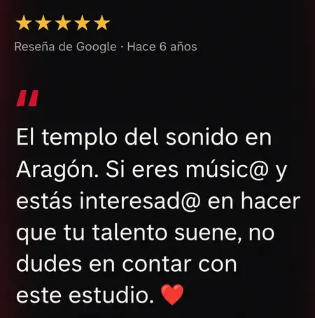 Reseña de Google, 5 estrellas: El templo del sonido en Aragón. Si eres músico y quieres que tu talento suene, no dudes en contar con este estudio.